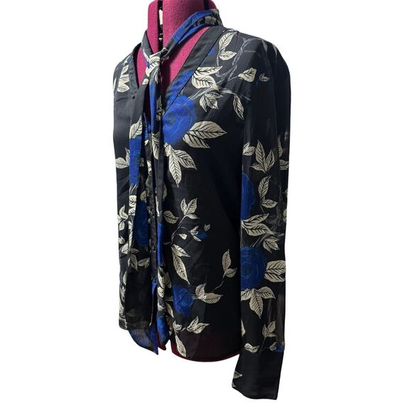 JASON WU COLLECTIVE Blue Floral Tie Neck Blouse Longsleeve Button Down Top EUC 8 - Picture 2 of 8